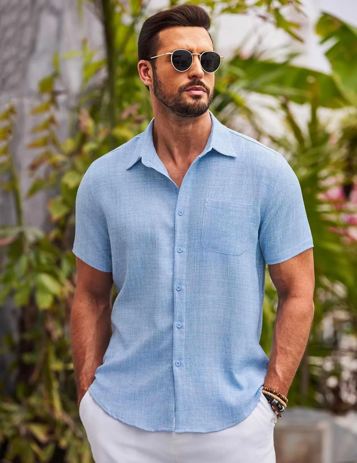COOFANDY Mens Button Down Short Sleeve Shirts Casual Textured Shirt with Pocket Summer Beach Wedding Shirts