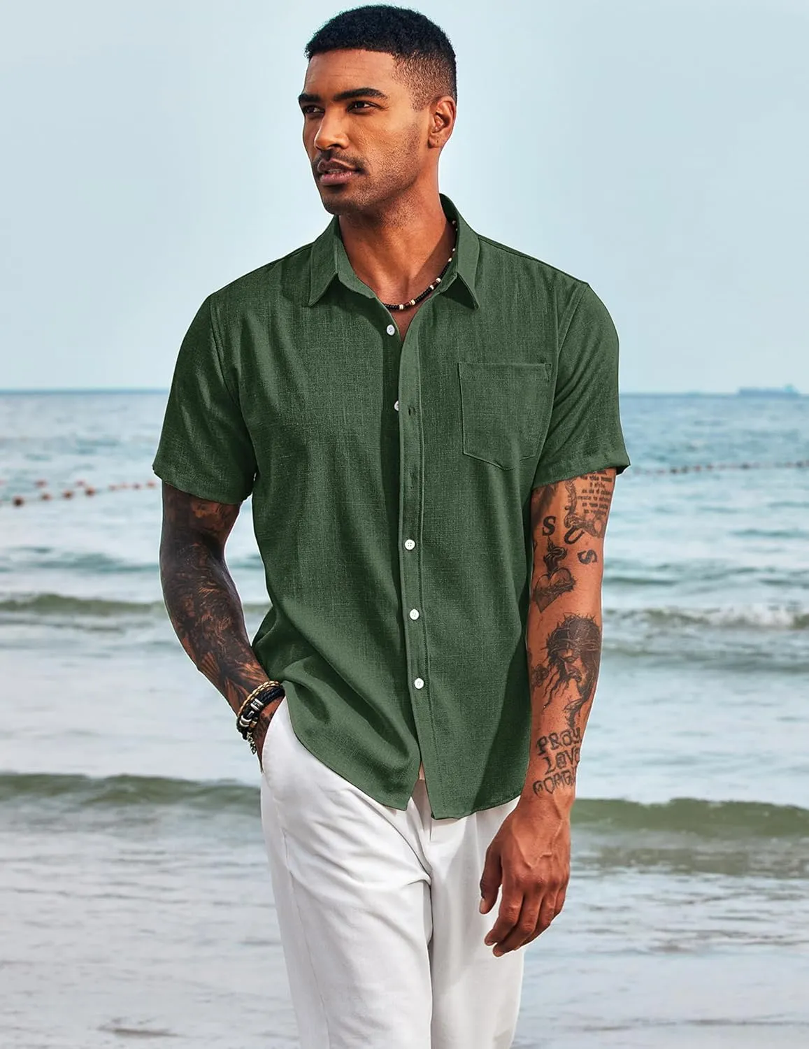 COOFANDY Men's Casual Button Down Shirts Short Sleeve Linen Shirts Summer Beach Dress Shirt