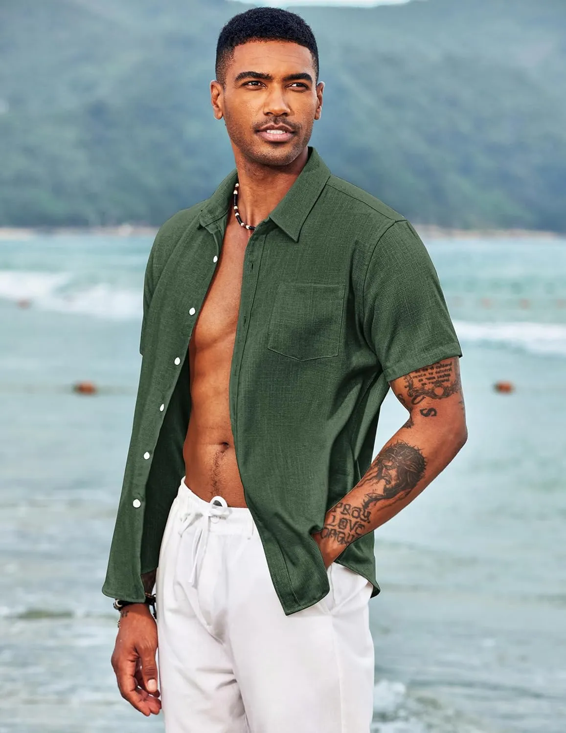 COOFANDY Men's Casual Button Down Shirts Short Sleeve Linen Shirts Summer Beach Dress Shirt
