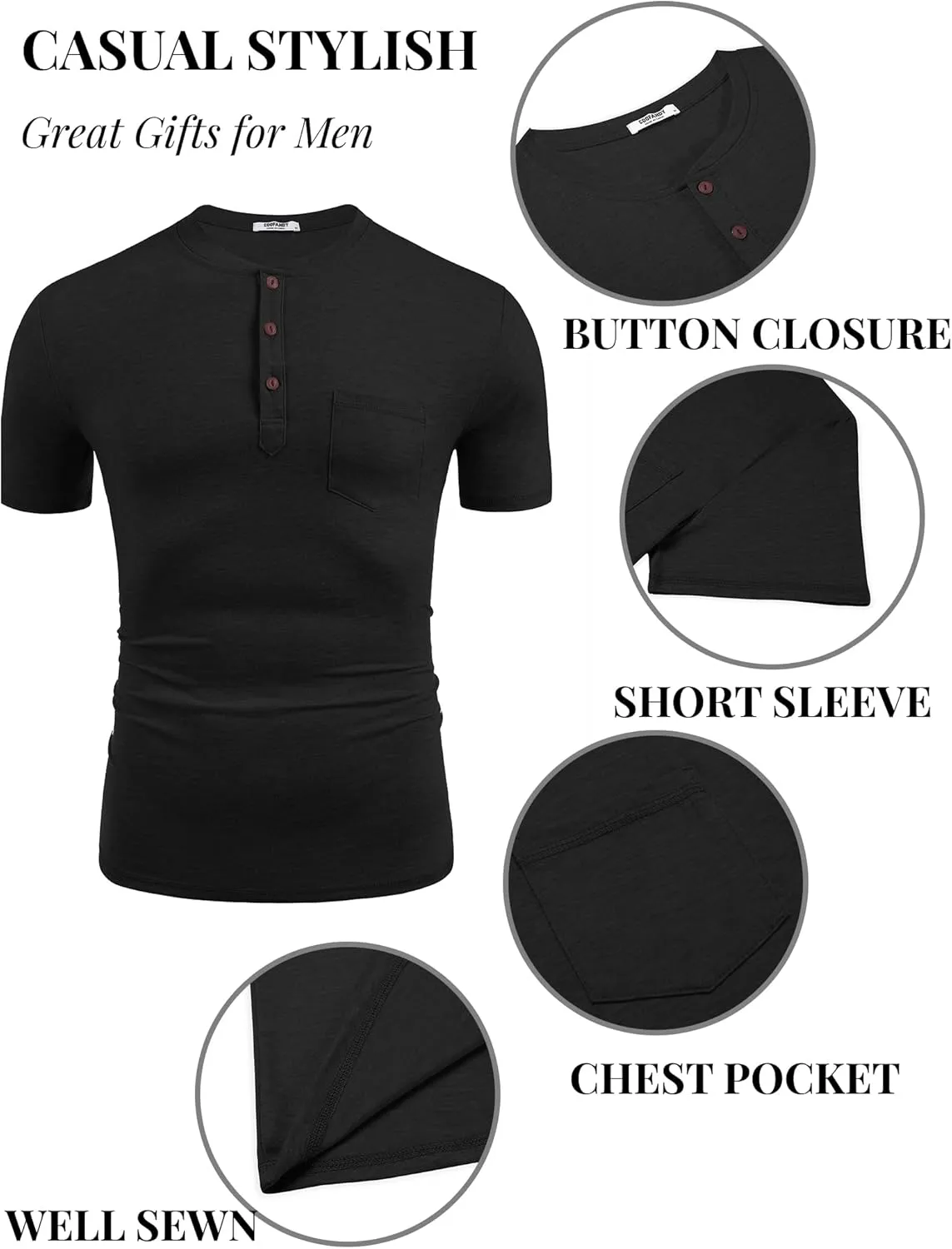COOFANDY Men's Casual Henley Shirts Short Sleeve Pocket T-Shirts Lightweight Button Henley Pullover Basic Tees