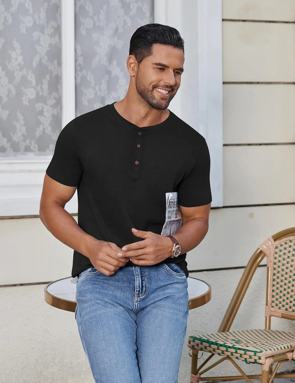 COOFANDY Men's Casual Henley Shirts Short Sleeve Pocket T-Shirts Lightweight Button Henley Pullover Basic Tees