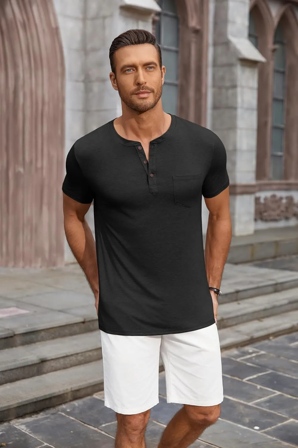 COOFANDY Men's Casual Henley Shirts Short Sleeve Pocket T-Shirts Lightweight Button Henley Pullover Basic Tees