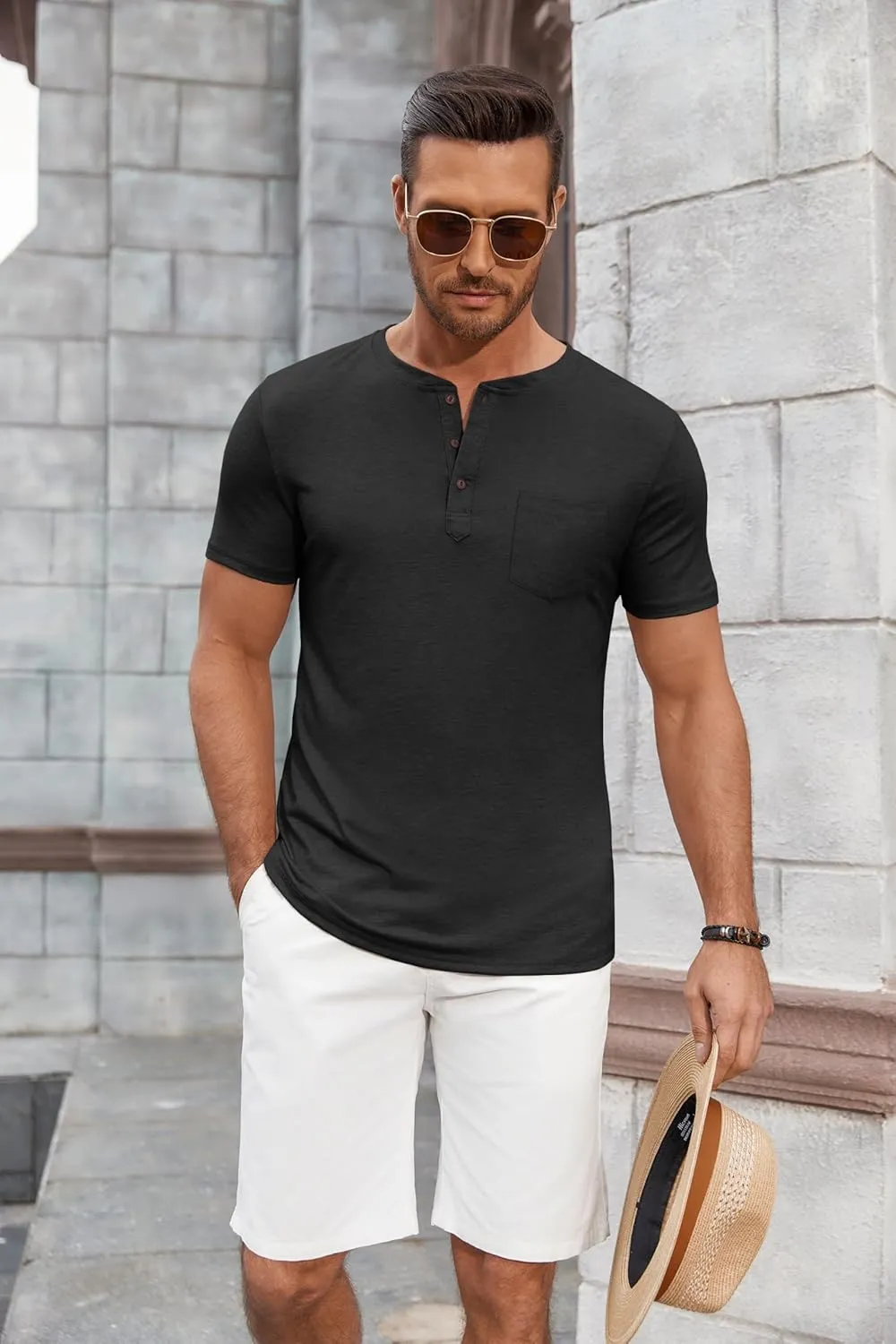 COOFANDY Men's Casual Henley Shirts Short Sleeve Pocket T-Shirts Lightweight Button Henley Pullover Basic Tees