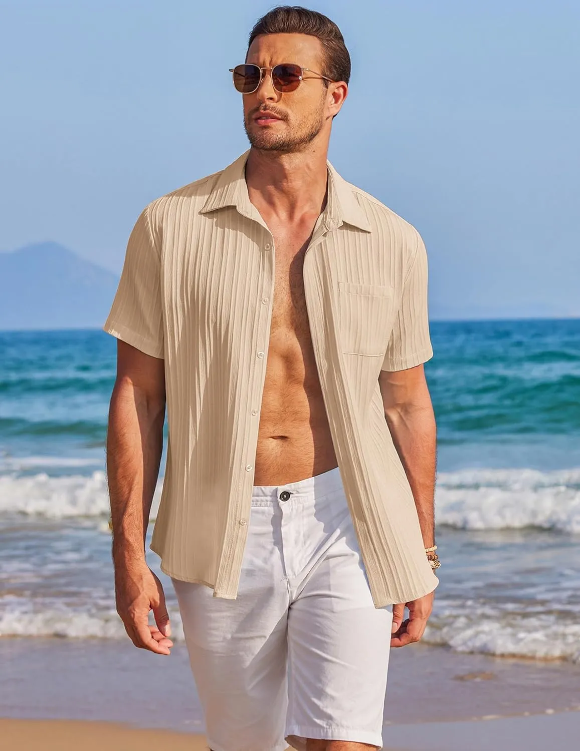 COOFANDY Mens Casual Shirts Short Sleeve Button Down Shirts Fashion Textured Summer Beach Shirt