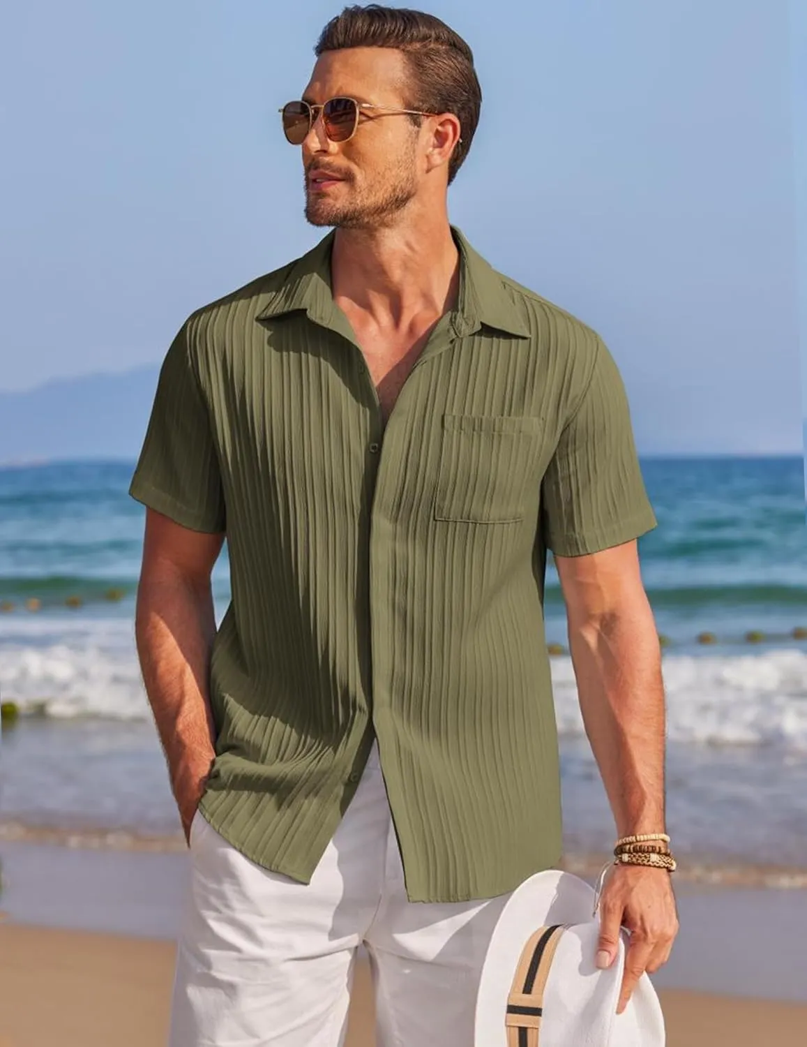 COOFANDY Mens Casual Shirts Short Sleeve Button Down Shirts Fashion Textured Summer Beach Shirt