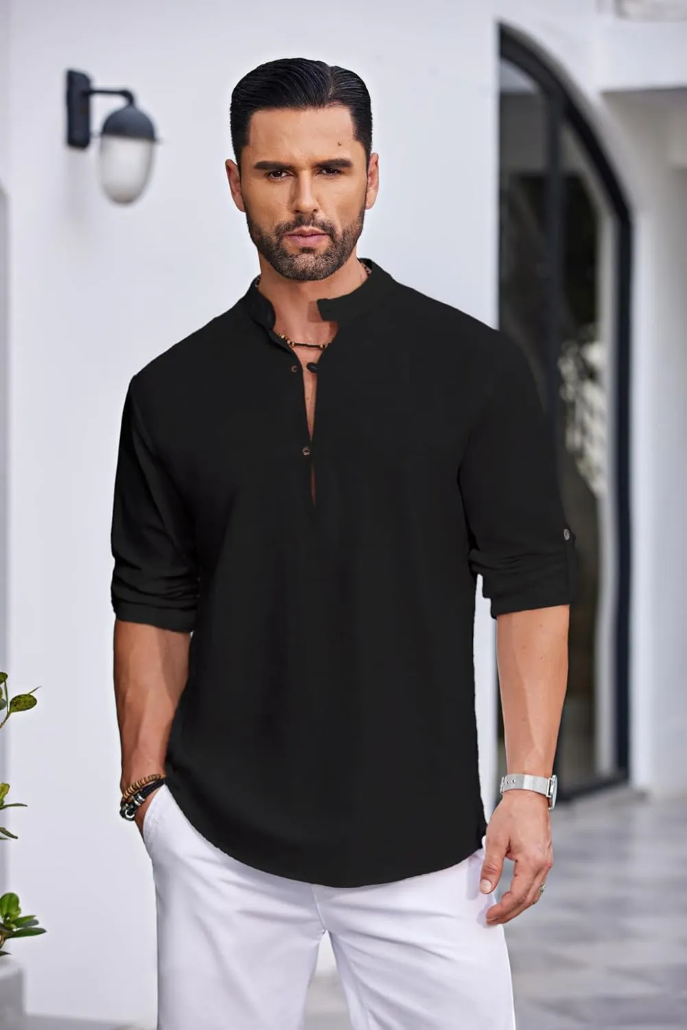 COOFANDY Men's Cotton Linen Henley Shirt Casual Beach Hippie Shirts Long Sleeve T-Shirts