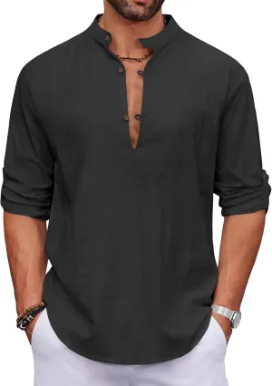 COOFANDY Men's Cotton Linen Henley Shirt Casual Beach Hippie Shirts Long Sleeve T-Shirts