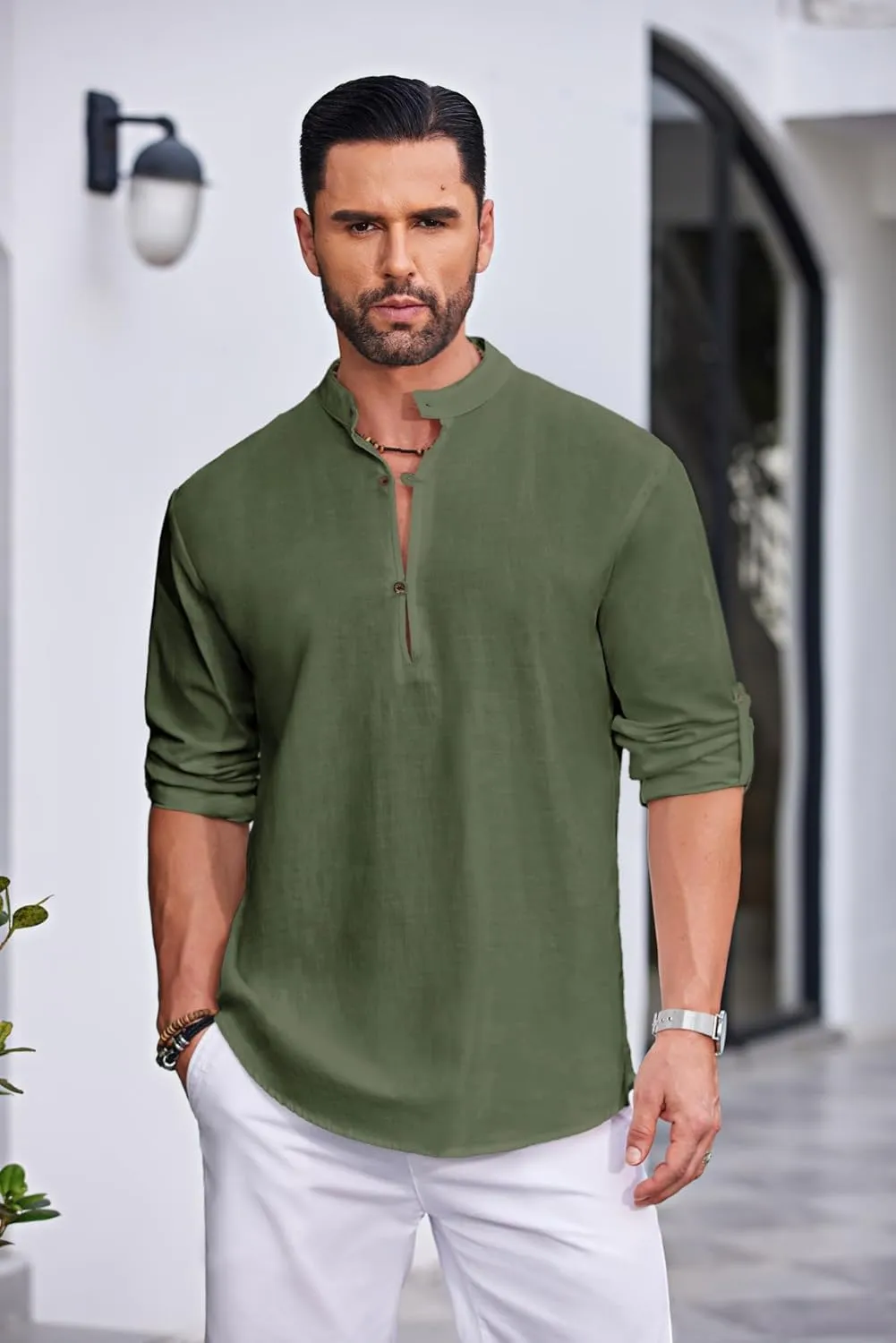 COOFANDY Men's Cotton Linen Henley Shirt Casual Beach Hippie Shirts Long Sleeve T-Shirts
