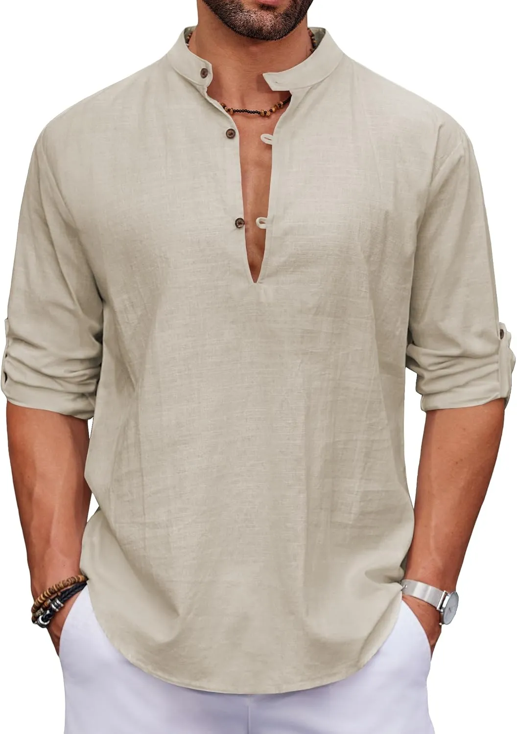 COOFANDY Men's Cotton Linen Henley Shirt Casual Beach Hippie Shirts Long Sleeve T-Shirts