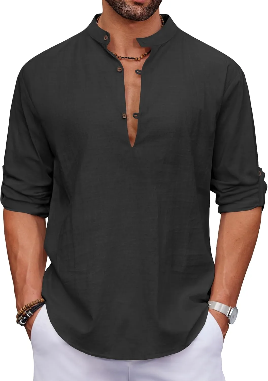 COOFANDY Men's Cotton Linen Henley Shirt Casual Beach Hippie Shirts Long Sleeve T-Shirts