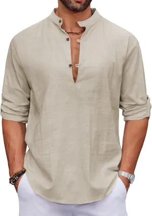 COOFANDY Men's Cotton Linen Henley Shirt Casual Beach Hippie Shirts Long Sleeve T-Shirts