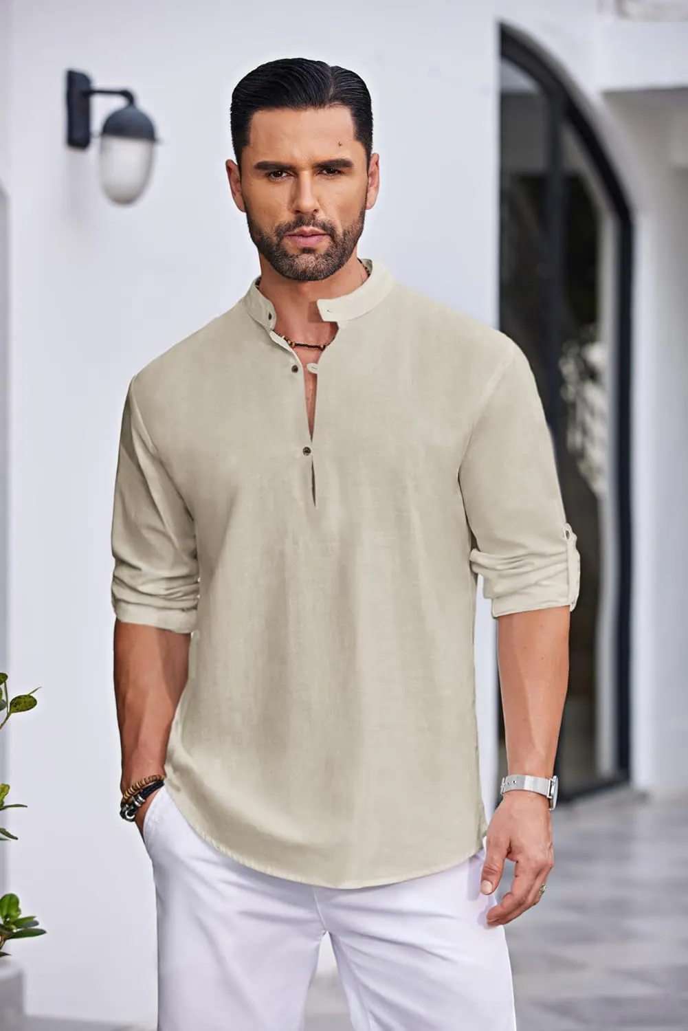 COOFANDY Men's Cotton Linen Henley Shirt Casual Beach Hippie Shirts Long Sleeve T-Shirts