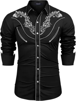 COOFANDY Men's Cowboy Shirtss Embroidered Rose Design Shirts Western Long Sleeve Button Down Shirts