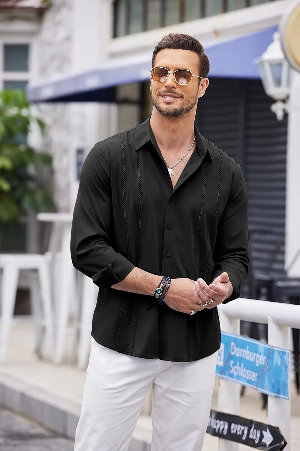 COOFANDY Mens Cuban Guayabera Shirt Casual Button Down Shirts Long Sleeve Summer Beach Shirts