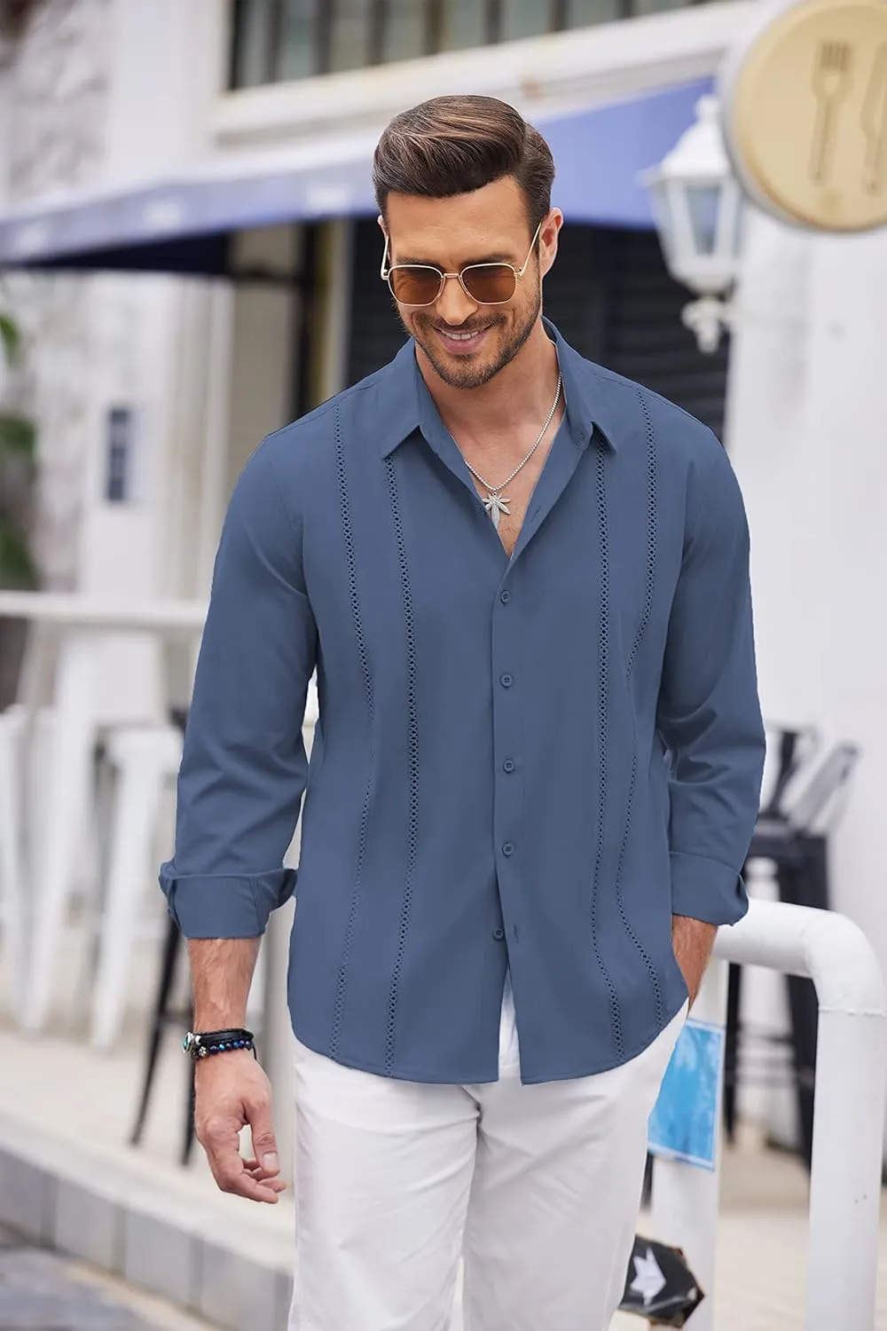 COOFANDY Mens Cuban Guayabera Shirt Casual Button Down Shirts Long Sleeve Summer Beach Shirts