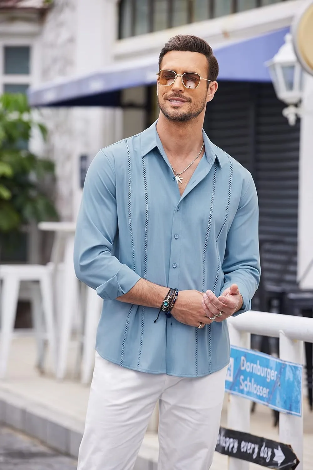 COOFANDY Mens Cuban Guayabera Shirt Casual Button Down Shirts Long Sleeve Summer Beach Shirts