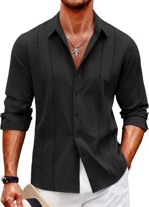 COOFANDY Mens Cuban Guayabera Shirt Casual Button Down Shirts Long Sleeve Summer Beach Shirts