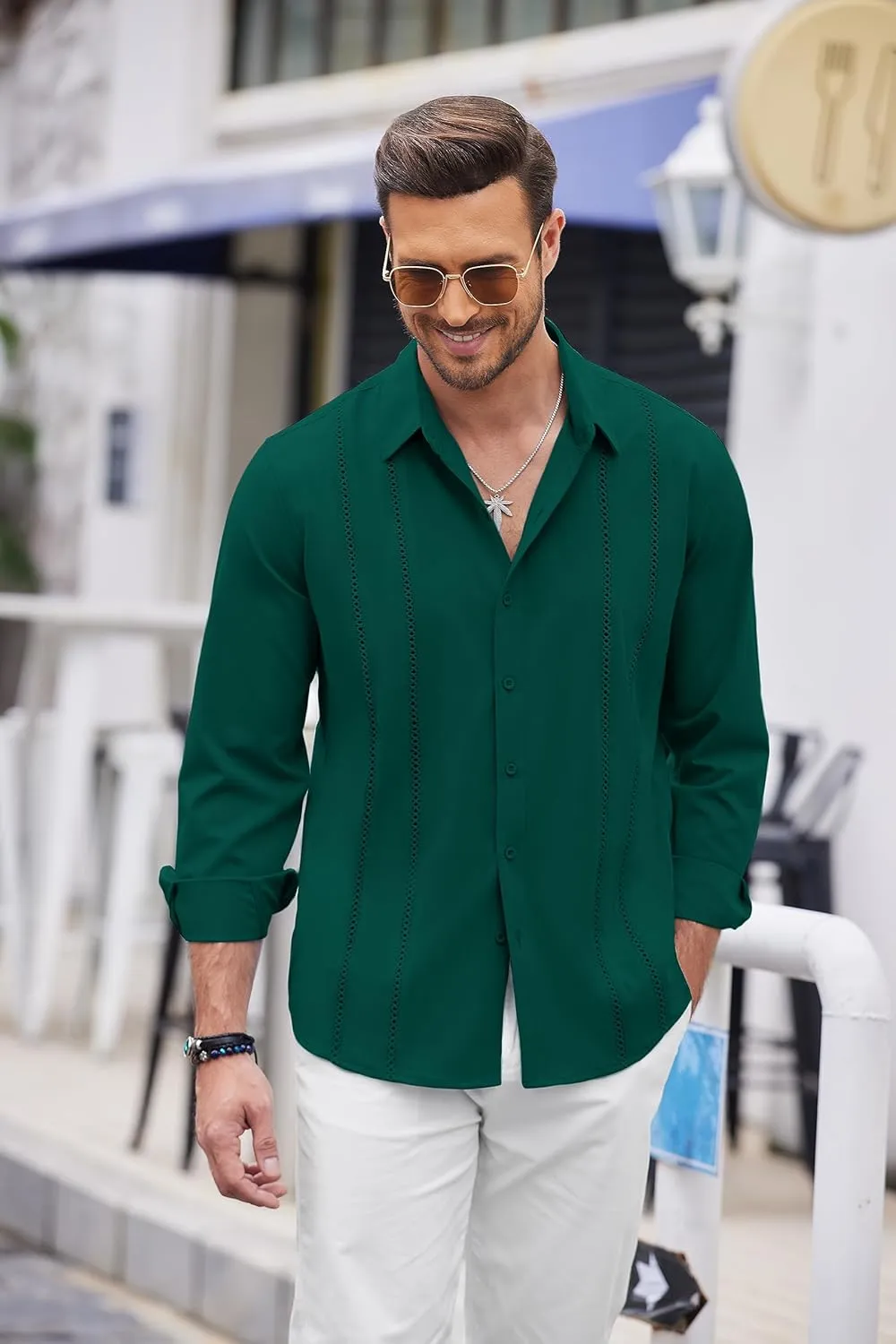 COOFANDY Mens Cuban Guayabera Shirt Casual Button Down Shirts Long Sleeve Summer Beach Shirts