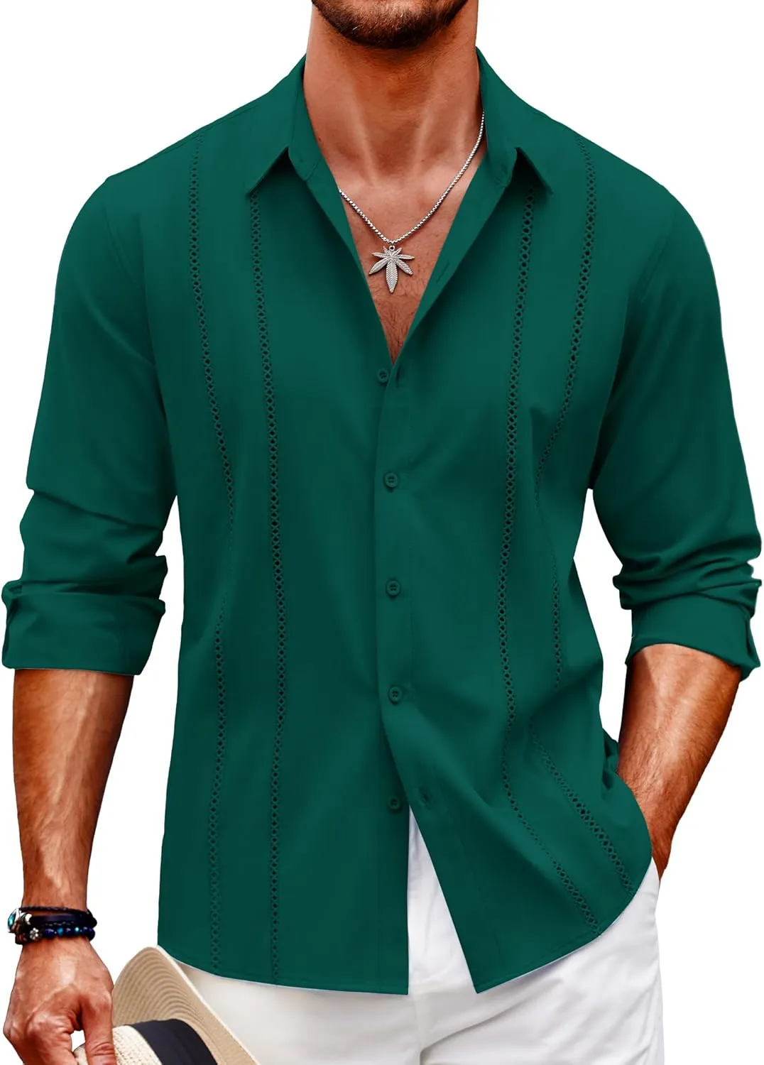 COOFANDY Mens Cuban Guayabera Shirt Casual Button Down Shirts Long Sleeve Summer Beach Shirts