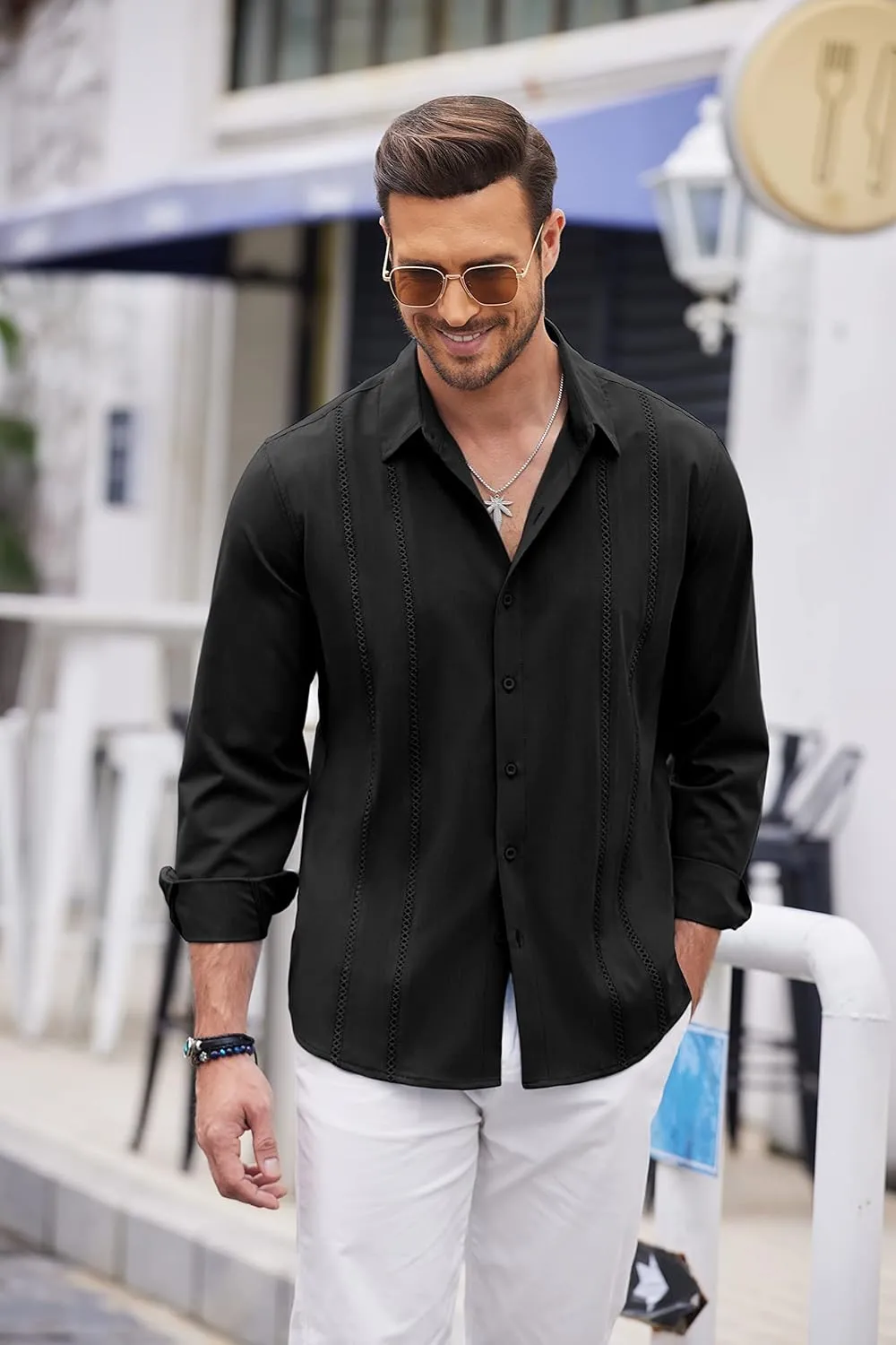 COOFANDY Mens Cuban Guayabera Shirt Casual Button Down Shirts Long Sleeve Summer Beach Shirts