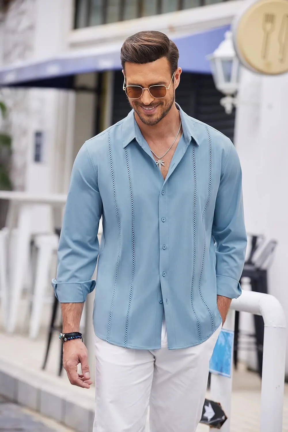 COOFANDY Mens Cuban Guayabera Shirt Casual Button Down Shirts Long Sleeve Summer Beach Shirts