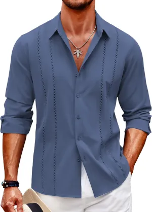 COOFANDY Mens Cuban Guayabera Shirt Casual Button Down Shirts Long Sleeve Summer Beach Shirts