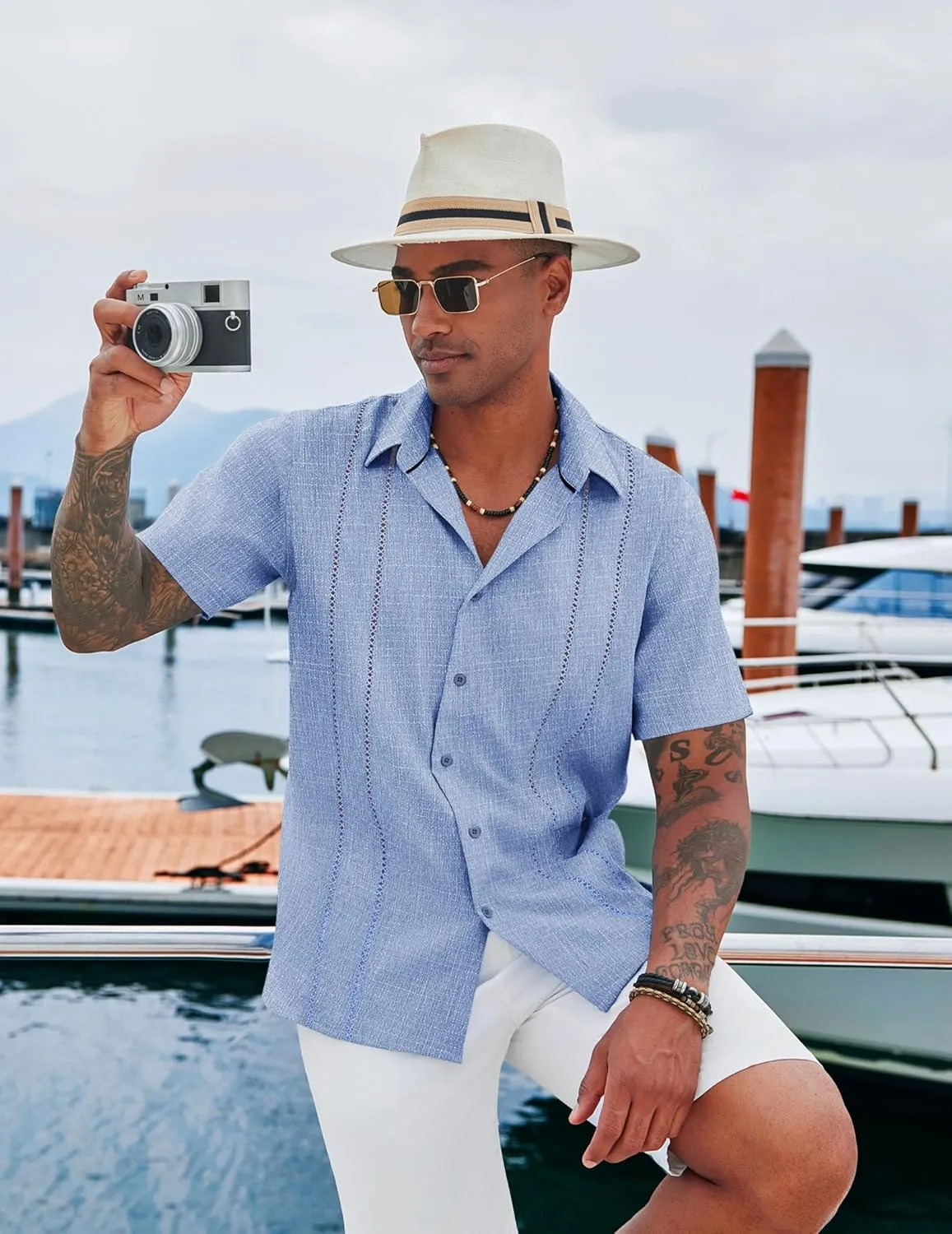 COOFANDY Men's Cuban Guayabera Shirt Casual Short Sleeve Button Down Shirts Summer Beach Shirts