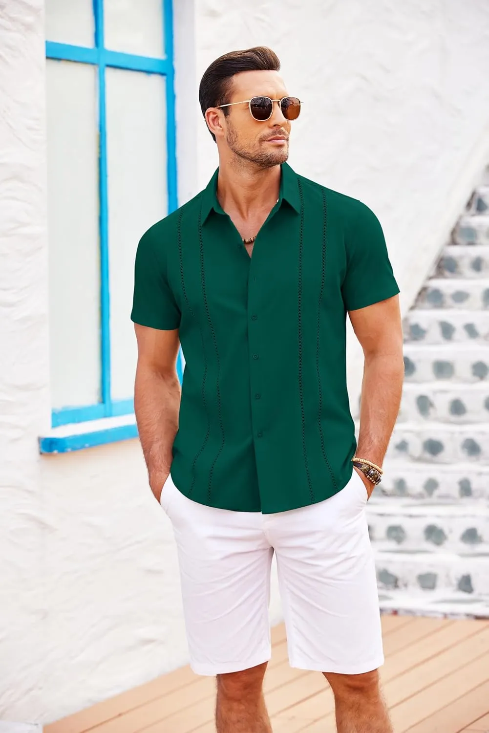 COOFANDY Men's Cuban Guayabera Shirt Short Sleeve Button Down Shirts Casual Summer Beach Linen Shirts