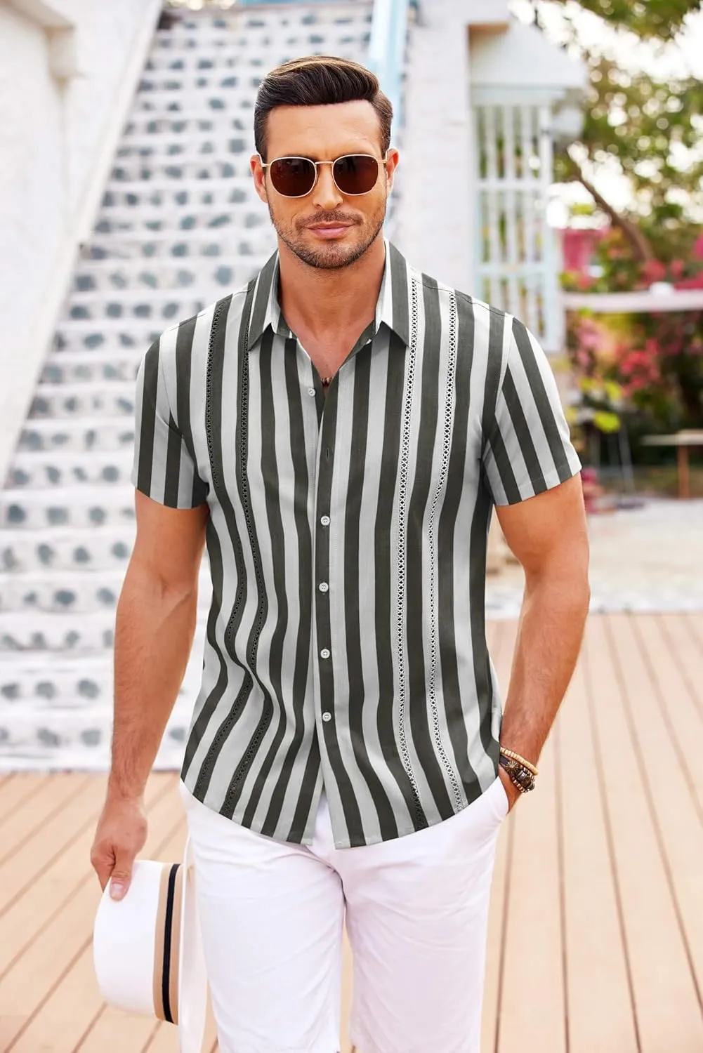 COOFANDY Men's Cuban Guayabera Shirt Short Sleeve Button Down Shirts Casual Summer Beach Linen Shirts