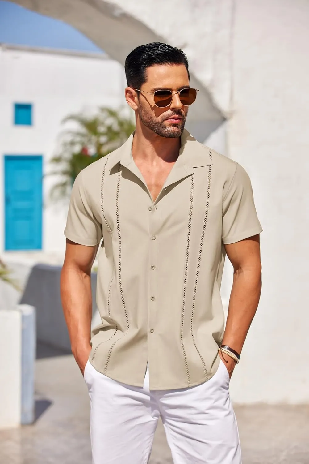 COOFANDY Men's Cuban Guayabera Shirt Short Sleeve Button Down Shirts Casual Summer Beach Linen Shirts