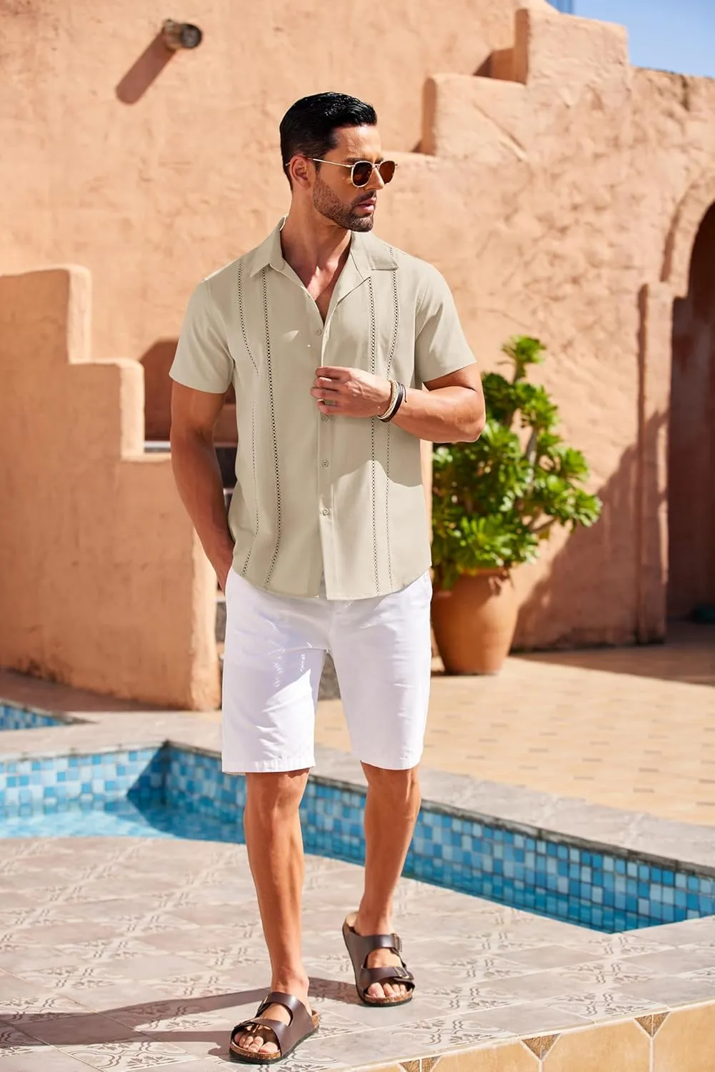 COOFANDY Men's Cuban Guayabera Shirt Short Sleeve Button Down Shirts Casual Summer Beach Linen Shirts