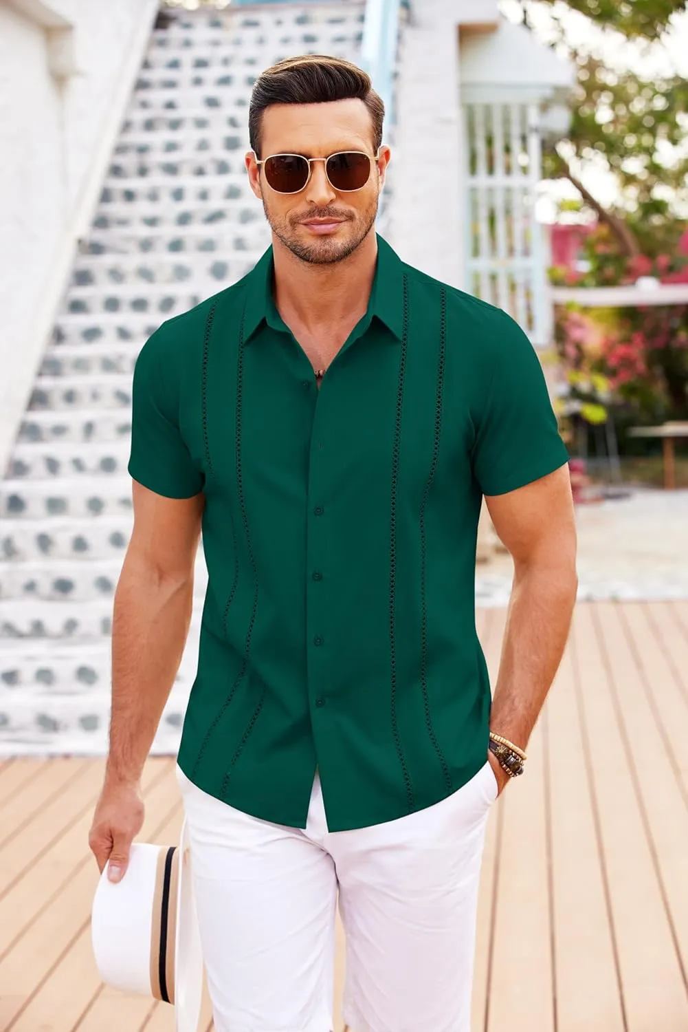 COOFANDY Men's Cuban Guayabera Shirt Short Sleeve Button Down Shirts Casual Summer Beach Linen Shirts