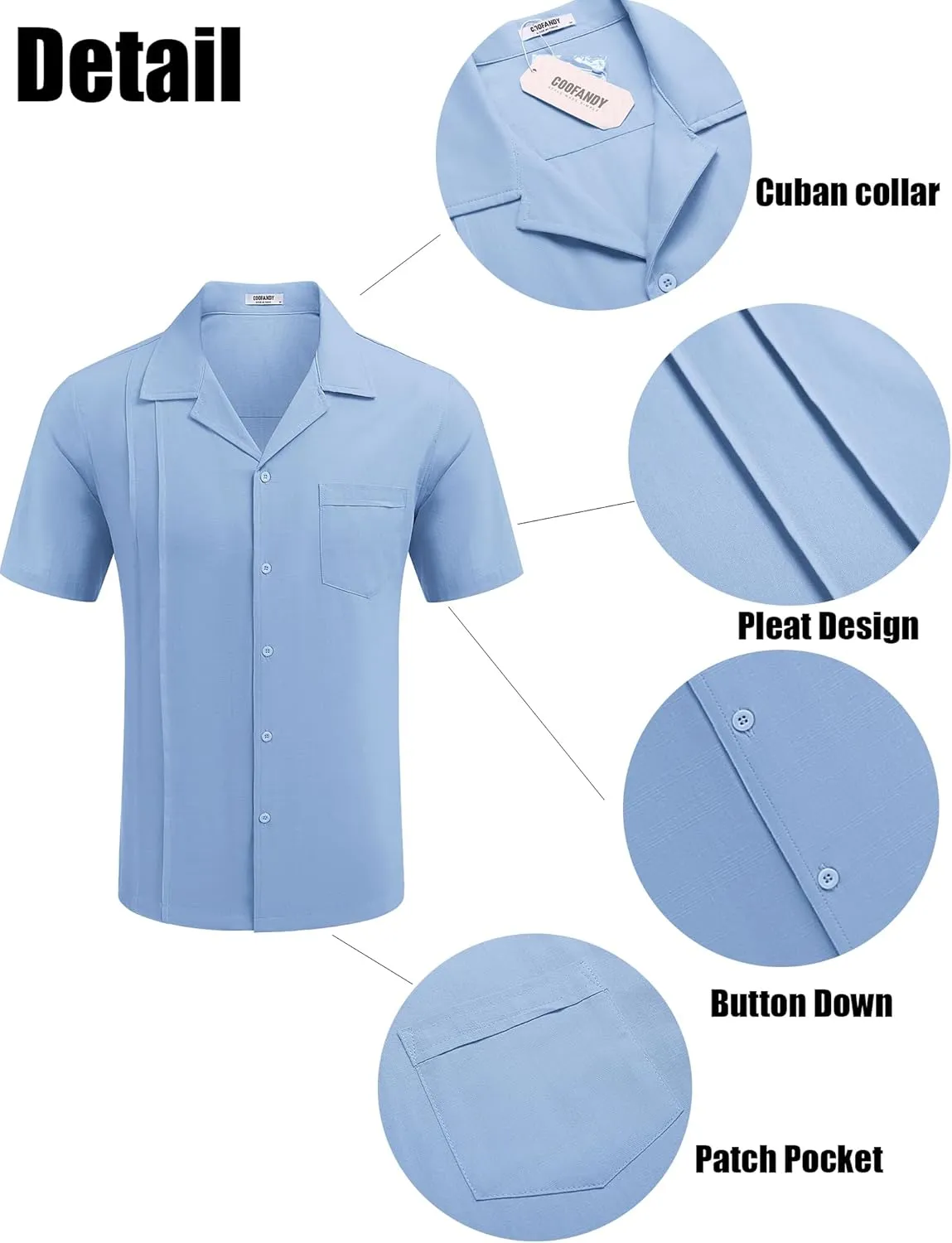 COOFANDY Mens Cuban Guayabera Shirt Short Sleeve Button Down Shirts Casual Summer Linen Shirts