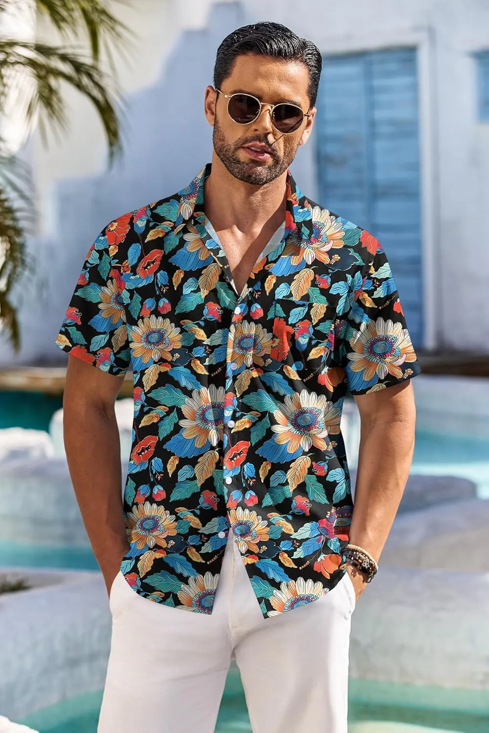 COOFANDY Men's Hawaiian Shirt Short Sleeve Floral Button Down Shirts Tropical Holiday Beach Shirts