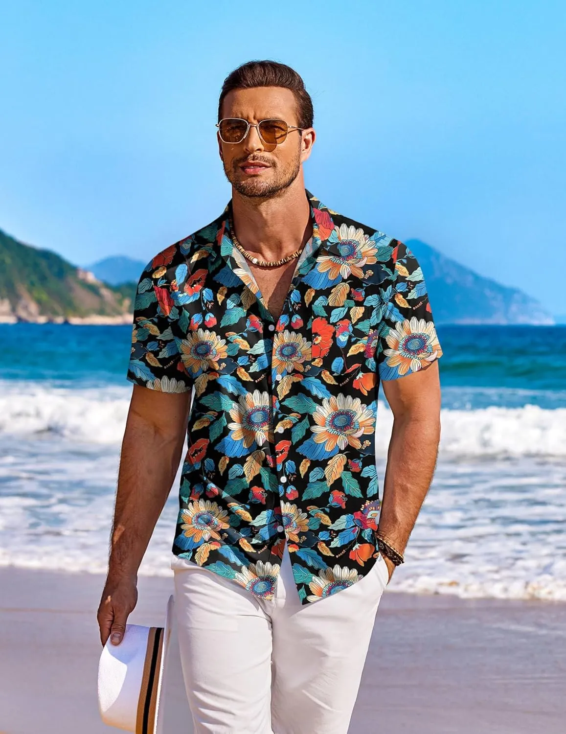 COOFANDY Men's Hawaiian Shirt Short Sleeve Floral Button Down Shirts Tropical Holiday Beach Shirts