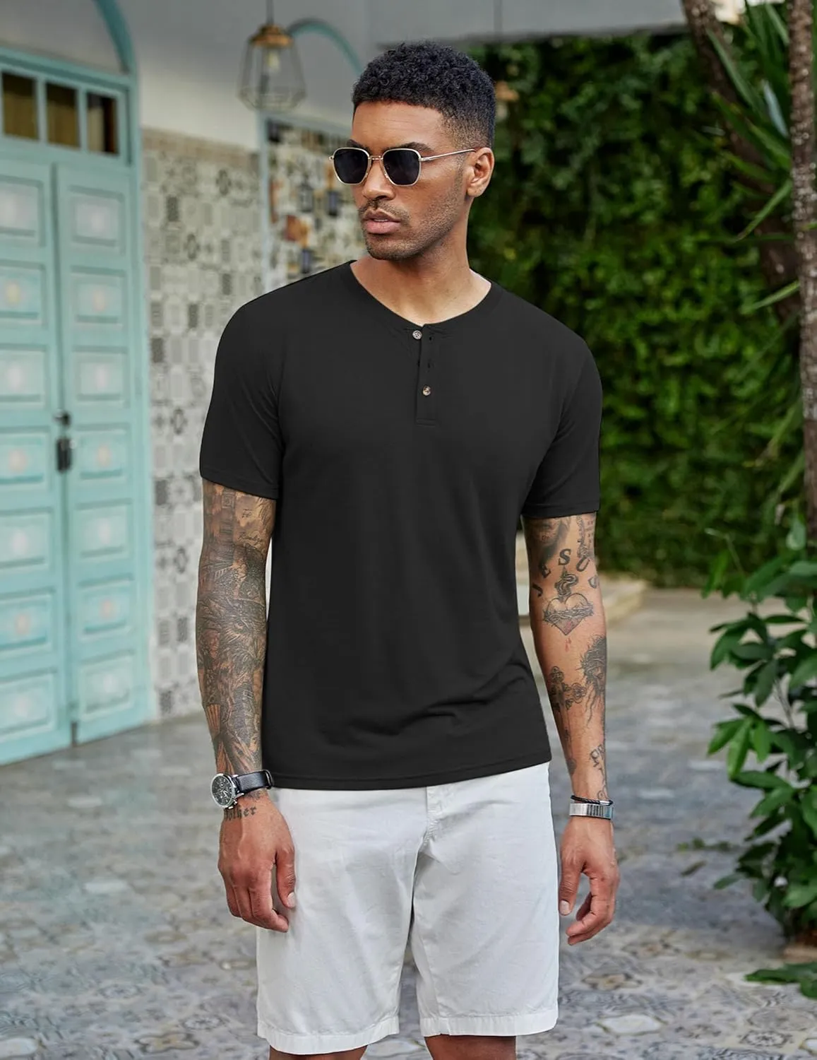 COOFANDY Men's Henley Shirts Short Sleeve Casual Basic Tee Summer Button Henley Soild T Shirts