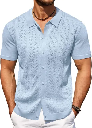 COOFANDY Mens Knit Polo Shirts Short Sleeve Button Down Shirts Casual Crochet Shirt Summer Vintage Polo