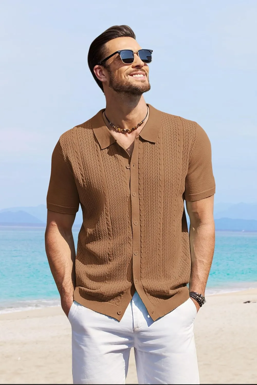 COOFANDY Mens Knit Polo Shirts Short Sleeve Button Down Shirts Casual Crochet Shirt Summer Vintage Polo