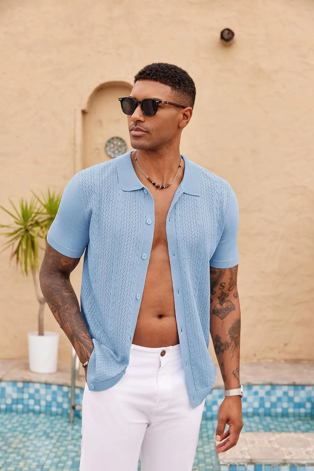 COOFANDY Mens Knit Polo Shirts Short Sleeve Button Down Shirts Casual Crochet Shirt Summer Vintage Polo