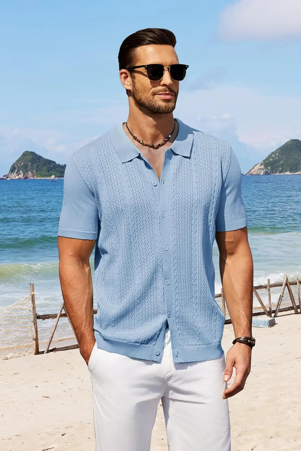 COOFANDY Mens Knit Polo Shirts Short Sleeve Button Down Shirts Casual Crochet Shirt Summer Vintage Polo