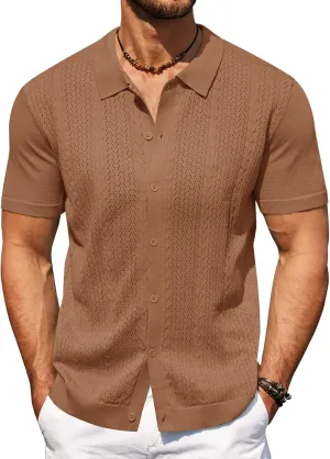 COOFANDY Mens Knit Polo Shirts Short Sleeve Button Down Shirts Casual Crochet Shirt Summer Vintage Polo