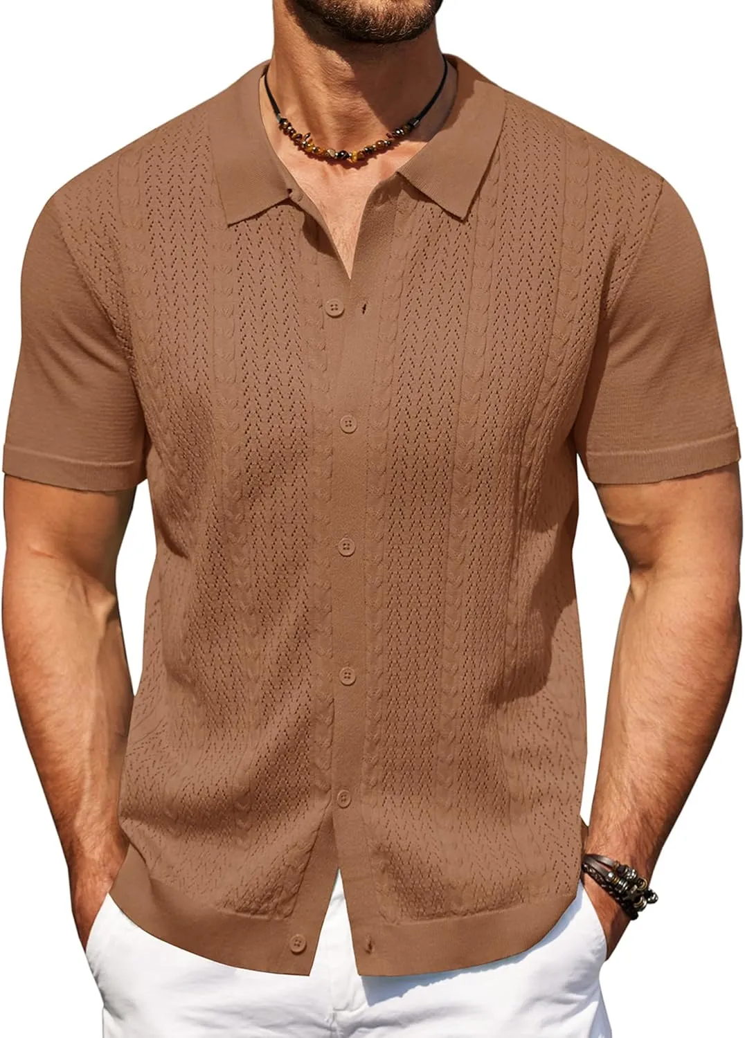 COOFANDY Mens Knit Polo Shirts Short Sleeve Button Down Shirts Casual Crochet Shirt Summer Vintage Polo