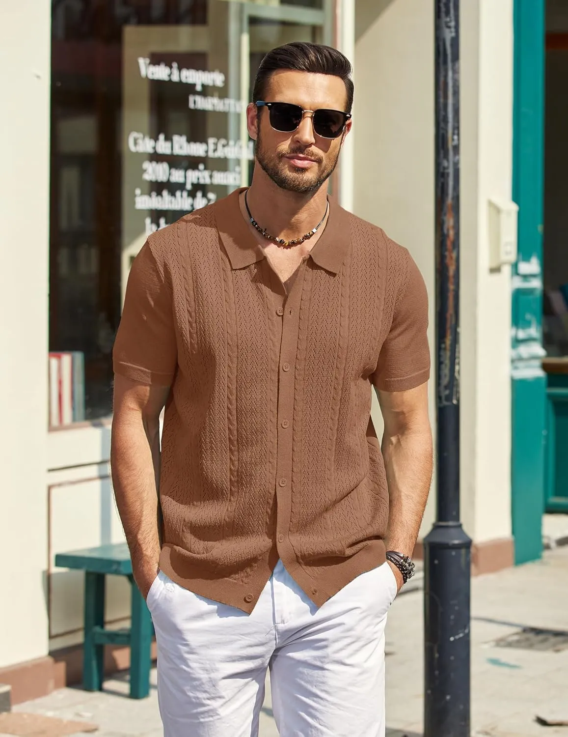COOFANDY Mens Knit Polo Shirts Short Sleeve Button Down Shirts Casual Crochet Shirt Summer Vintage Polo