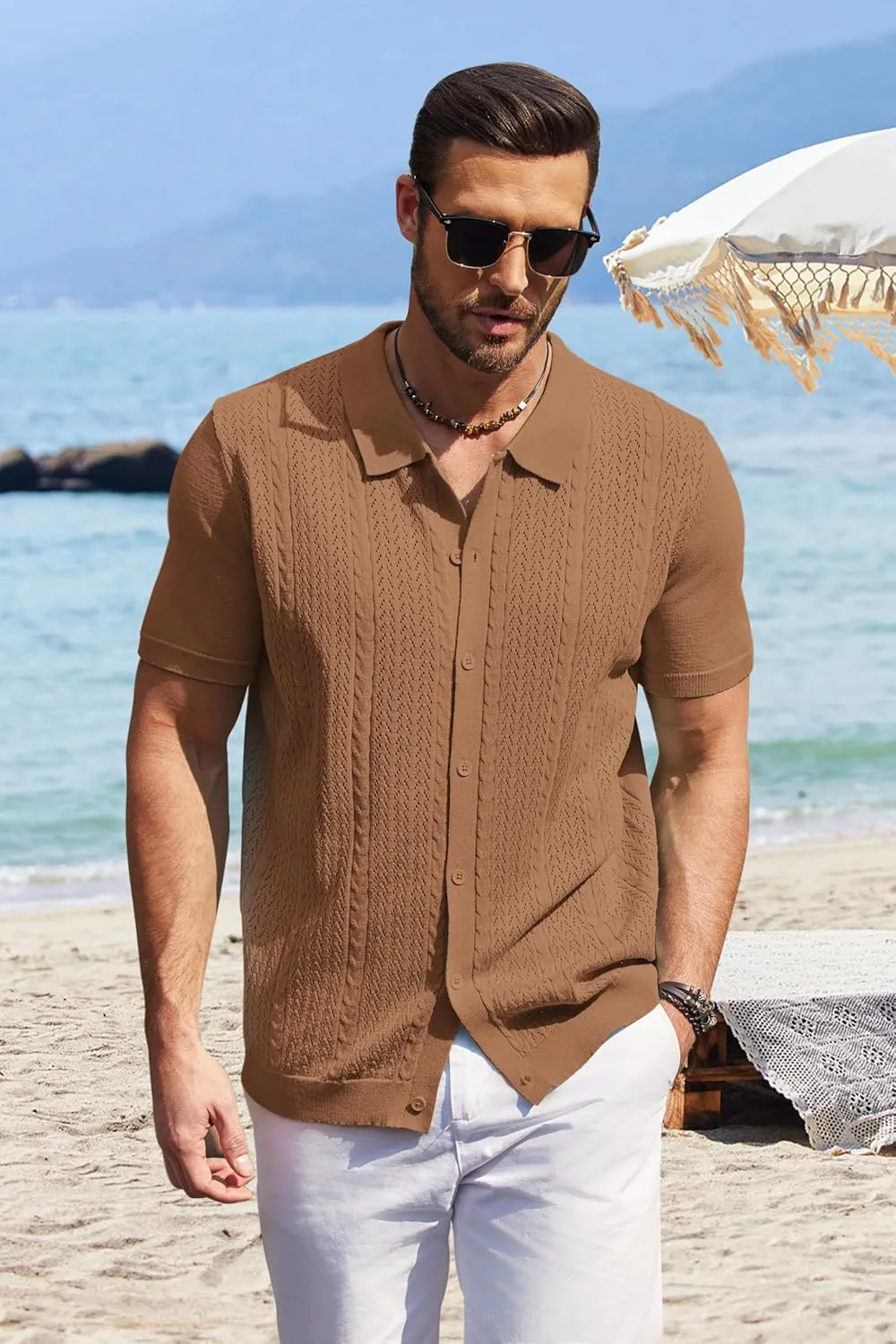 COOFANDY Mens Knit Polo Shirts Short Sleeve Button Down Shirts Casual Crochet Shirt Summer Vintage Polo
