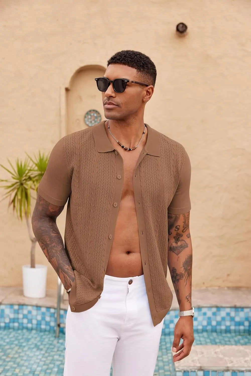 COOFANDY Mens Knit Polo Shirts Short Sleeve Button Down Shirts Casual Crochet Shirt Summer Vintage Polo