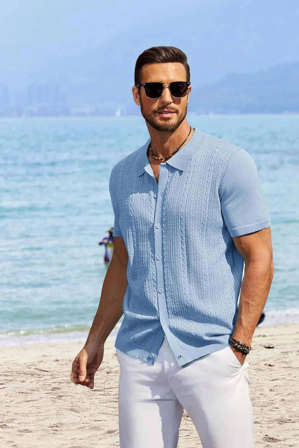 COOFANDY Mens Knit Polo Shirts Short Sleeve Button Down Shirts Casual Crochet Shirt Summer Vintage Polo