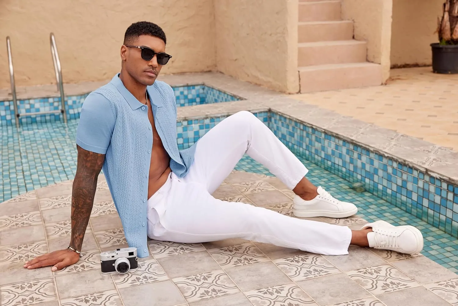 COOFANDY Mens Knit Polo Shirts Short Sleeve Button Down Shirts Casual Crochet Shirt Summer Vintage Polo