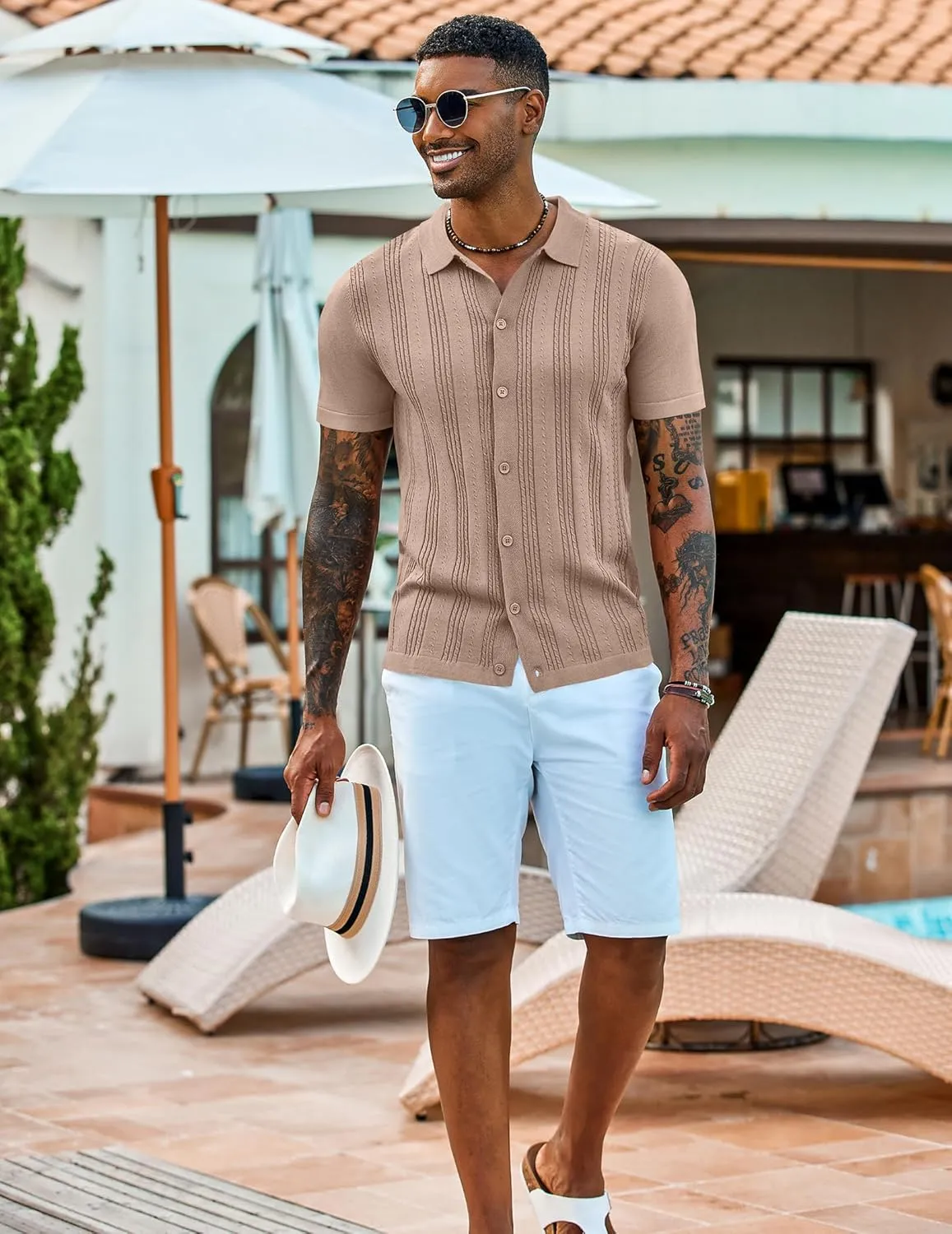 COOFANDY Men's Knit Shirts Short Sleeve Casual Button Down Polo Shirt Summer Beach Vacation Shirts