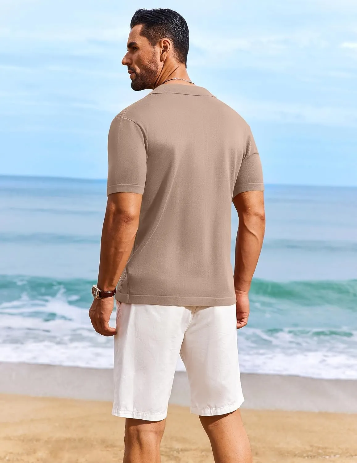COOFANDY Men's Knit Shirts Short Sleeve Casual Button Down Polo Shirt Summer Beach Vacation Shirts
