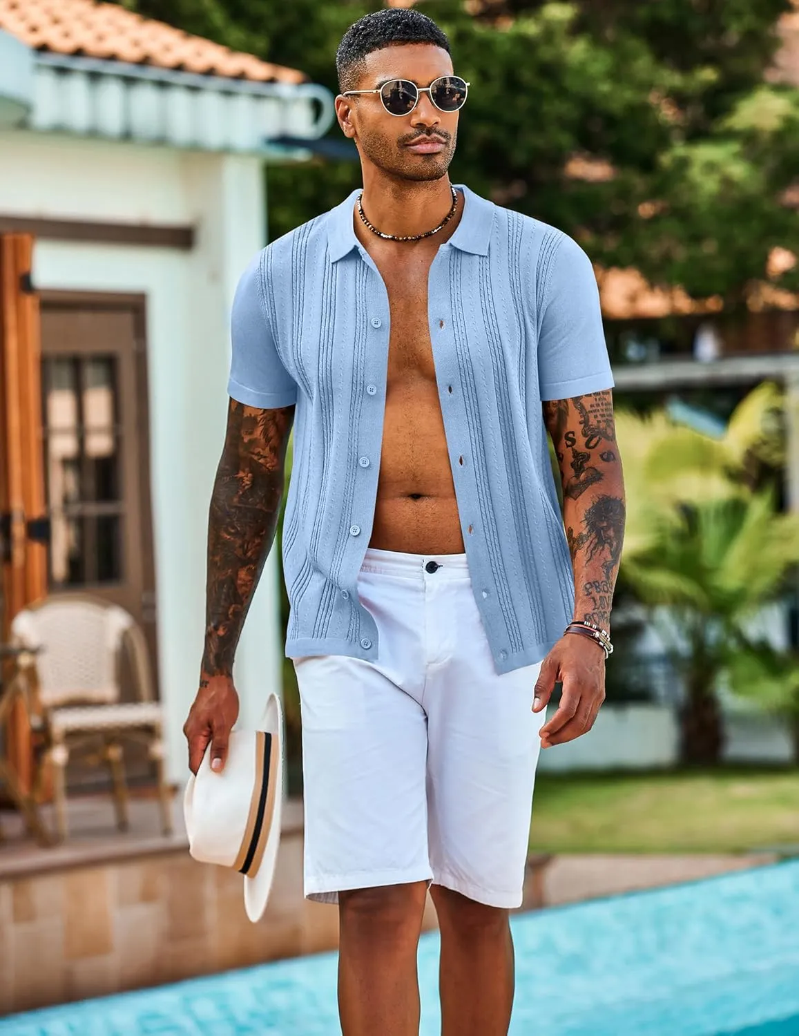 COOFANDY Men's Knit Shirts Short Sleeve Casual Button Down Polo Shirt Summer Beach Vacation Shirts
